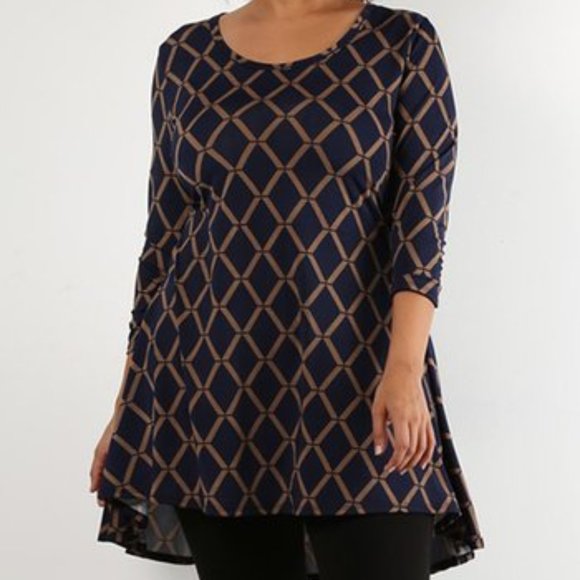 Blue Tan Diamond Print Hi-Lo Tunic Sz Large not 2X - Picture 1 of 7